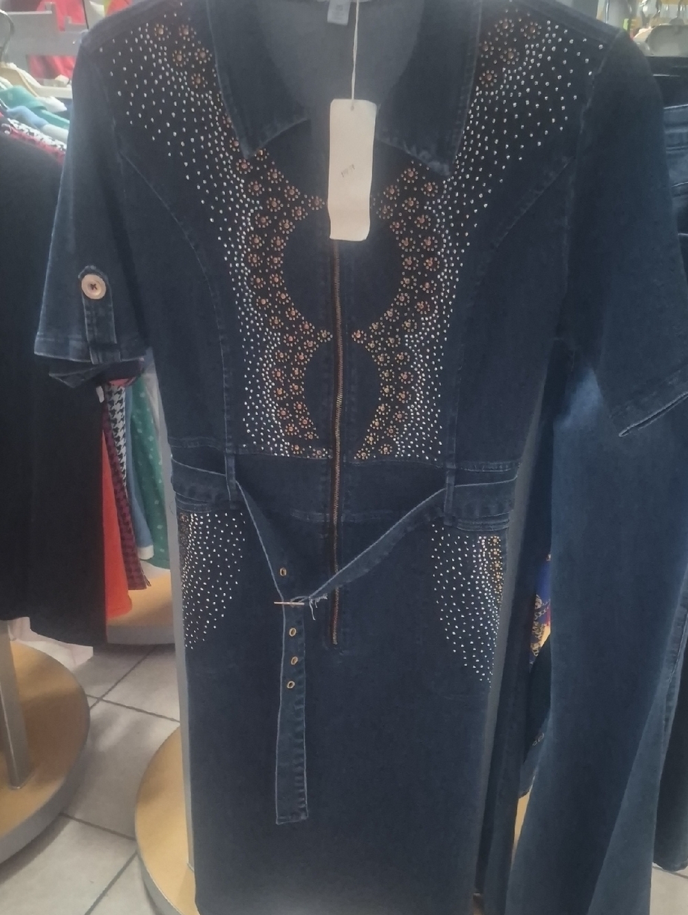 Lady Bijou Dark Blue Denim Jeans Dress with Gold Stud Accents